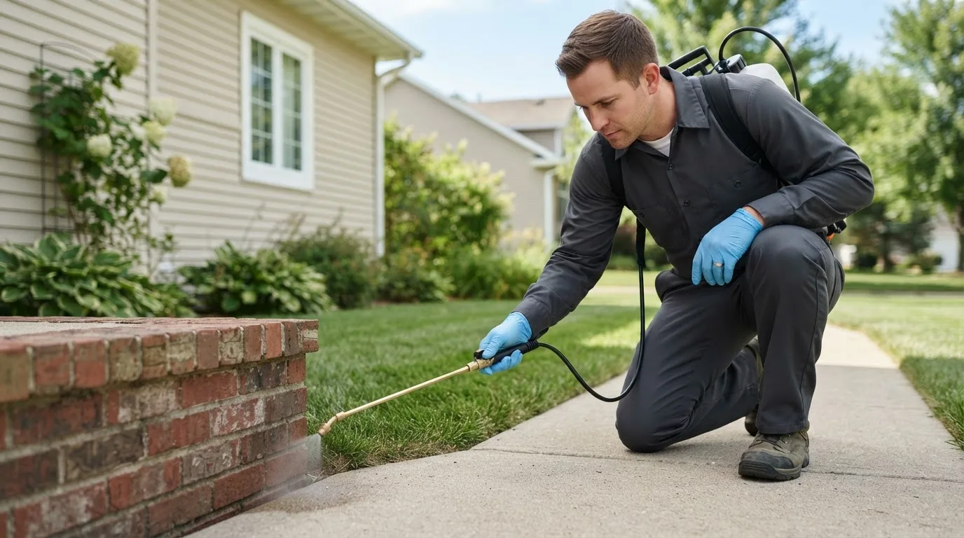 Pest control technician treating a home near Williston Park, NY